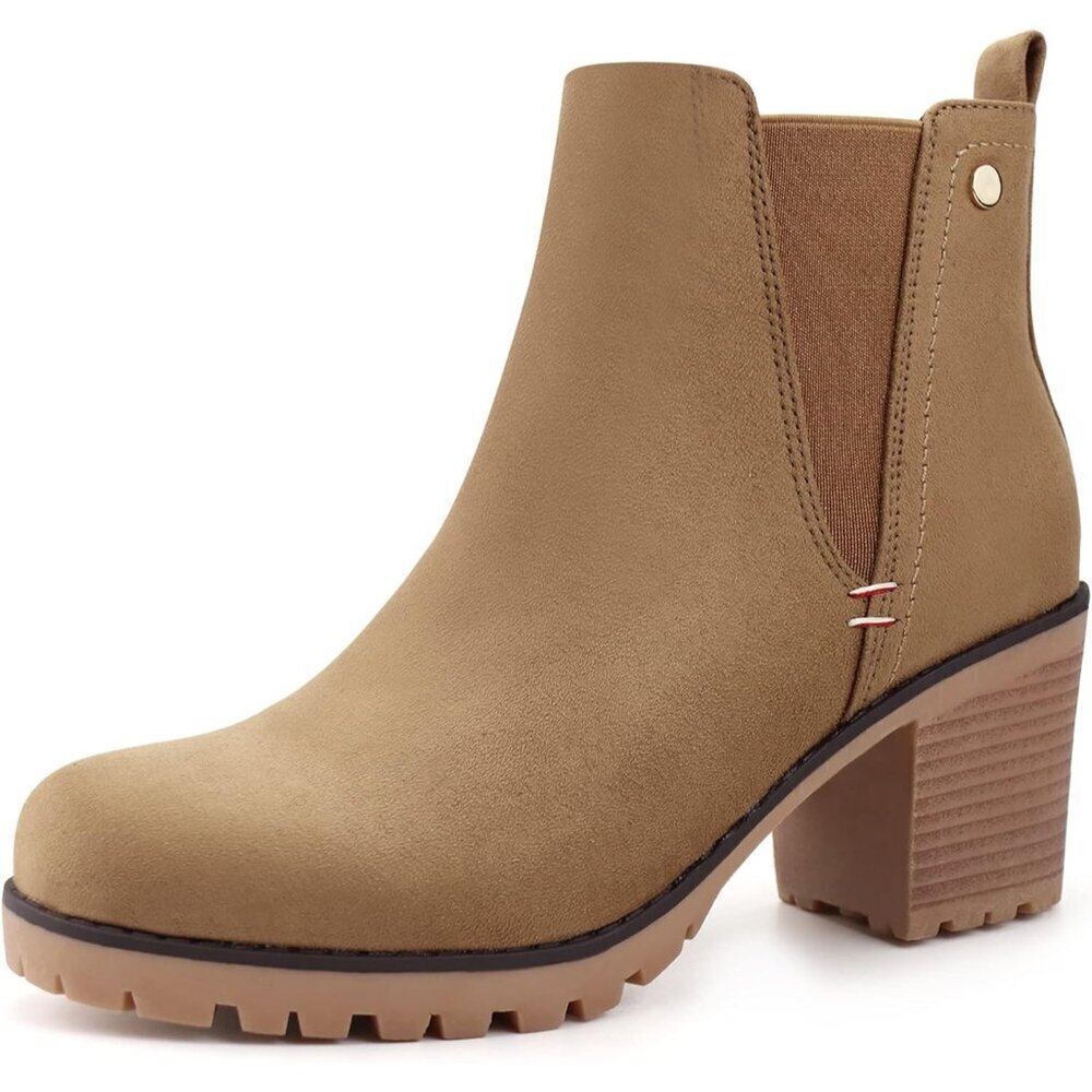 🆕Jabasic Womens brown Chelsea Block Heel Slip Faux Suede Classic Ankle Booties